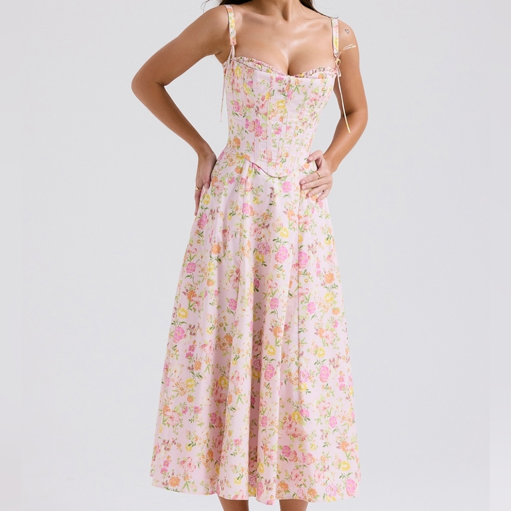 HOUSE OF CB Clarabelle Pink Meadow Print Cotton Midi Sundress - Picture 3 of 6